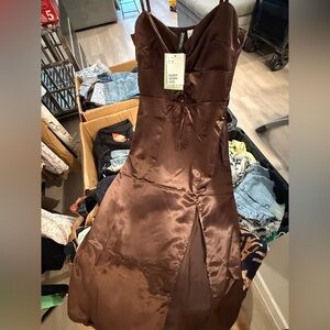 H&M Strapless Satin Dress in Rich Brown
